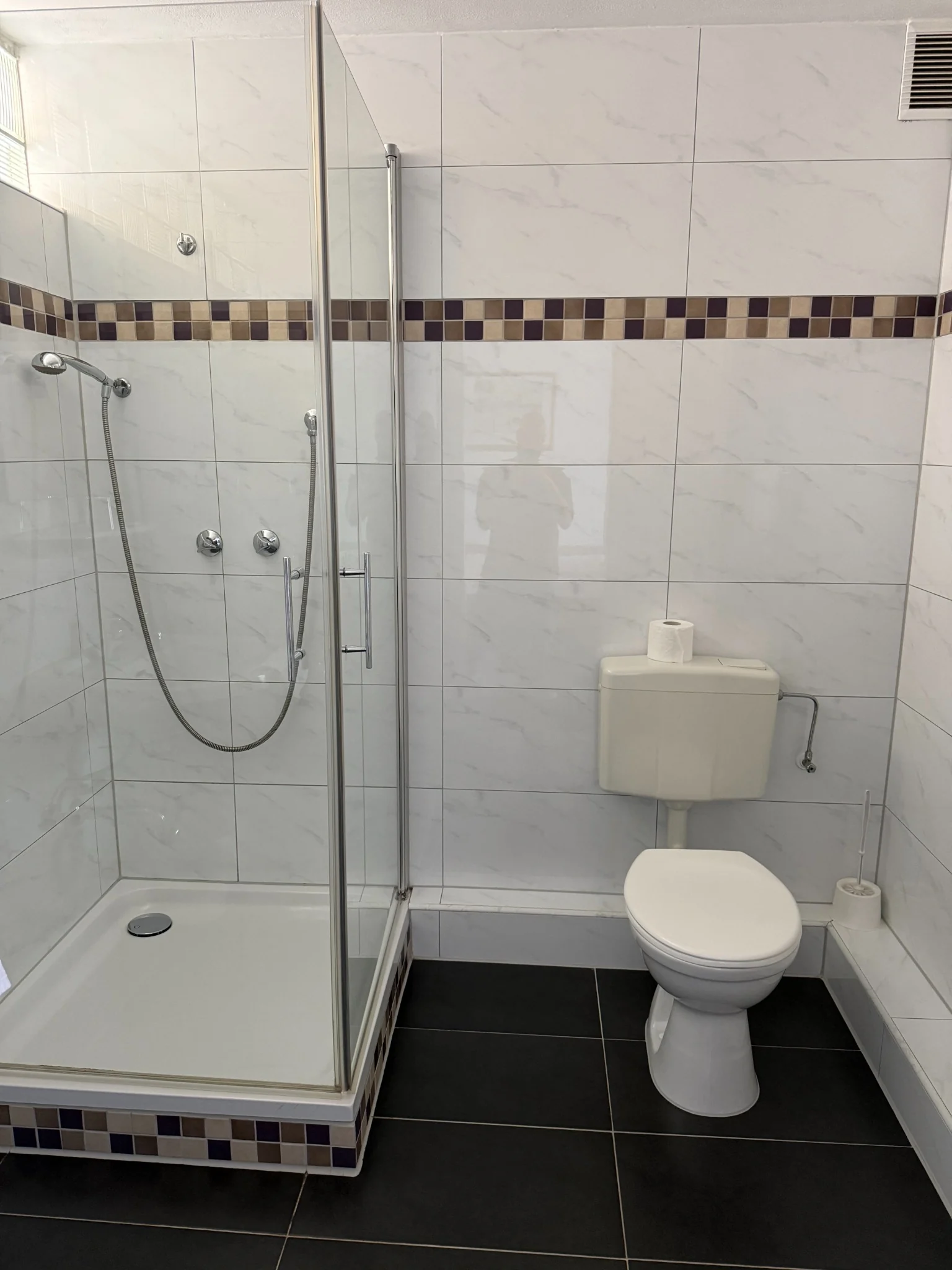 Dusche und WC im Badezimmer des Einzelzimmers